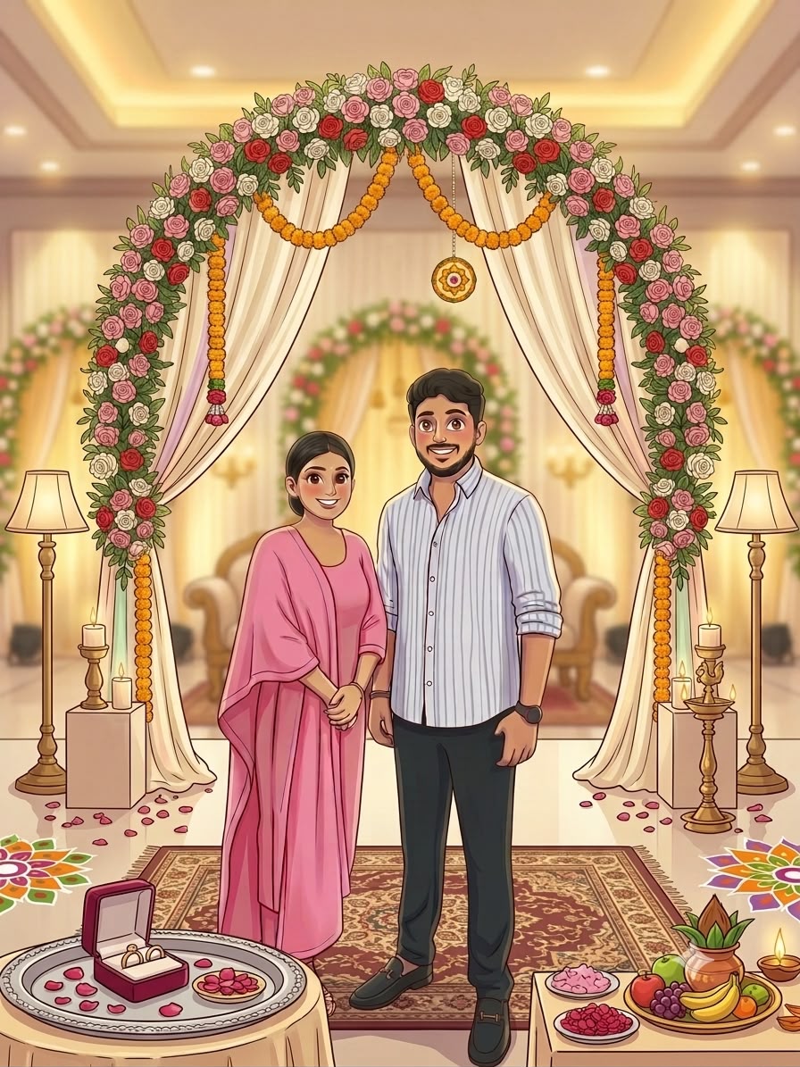 Illustration of Jasmine and Gurpreet under a floral arch